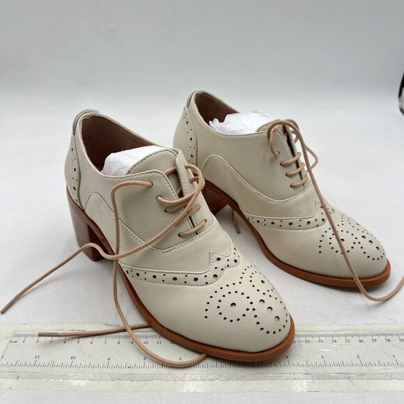 FOWT Beige Perforated Lace-Up Oxfords Almond Toe Mid Chunky Heel Brogues Shoes - Picture 4 of 8
